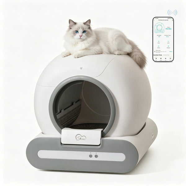 Litière automatique connectée pour chat DOEL 65L, chat sur le dessus et application
