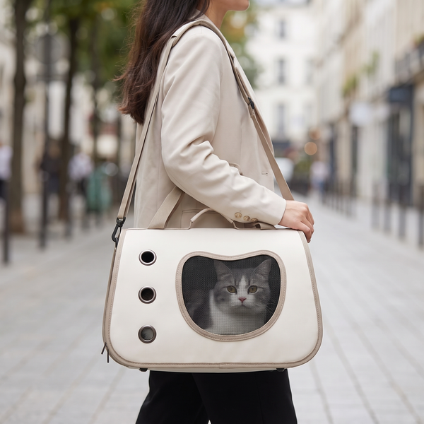 Femme portant le sac de transport beige avec son chat visible à travers la fenêtre en maille