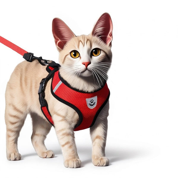 Harnais anti-fugue rouge pour chat, avec chat et laisse