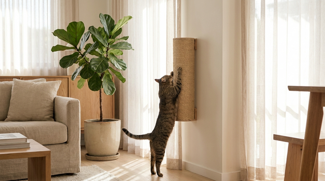 Chat s'étirant pour griffer un griffoir mural en sisal