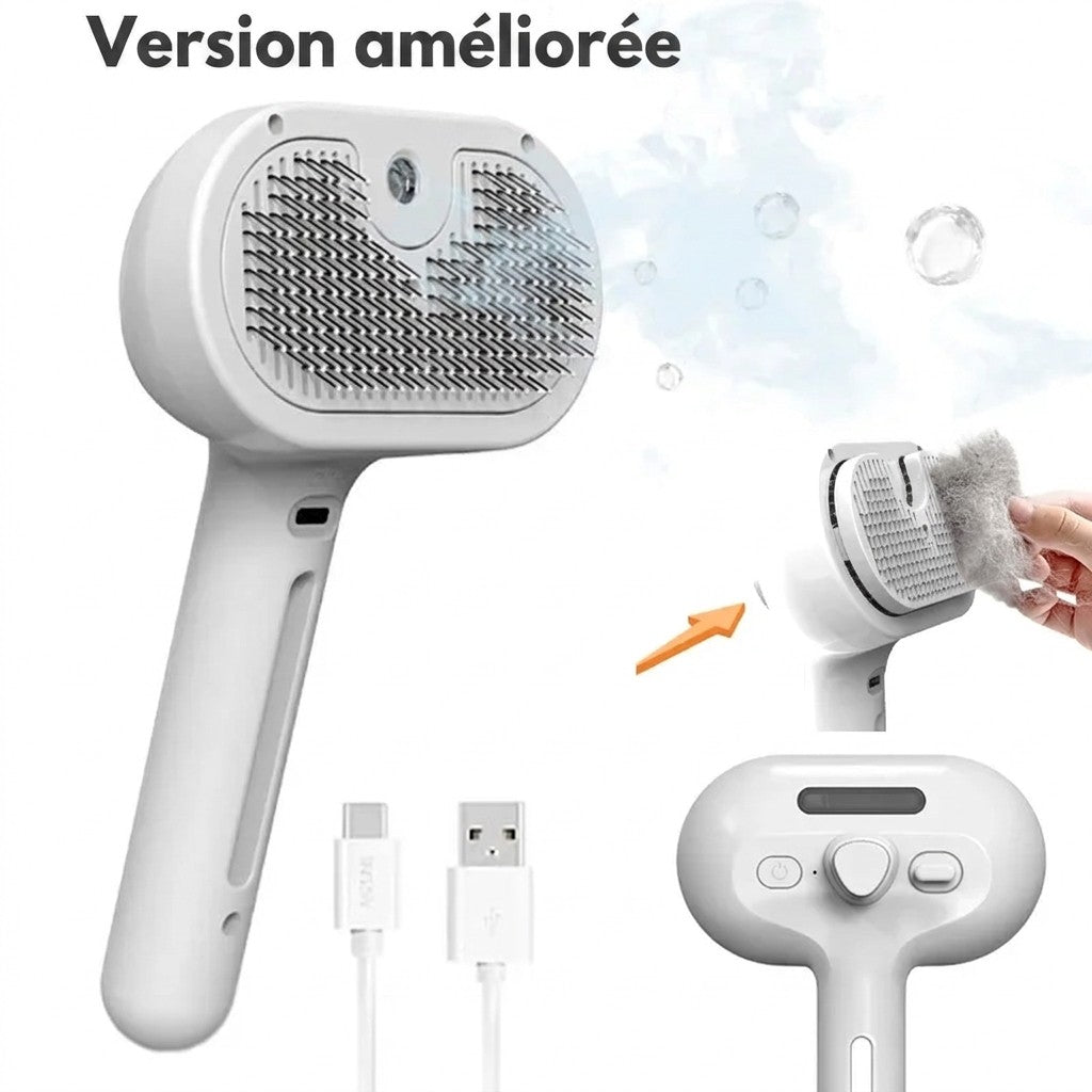 Brosse vapeur 3-en-1 pour chien et chat – Auto-nettoyante & rechargeable