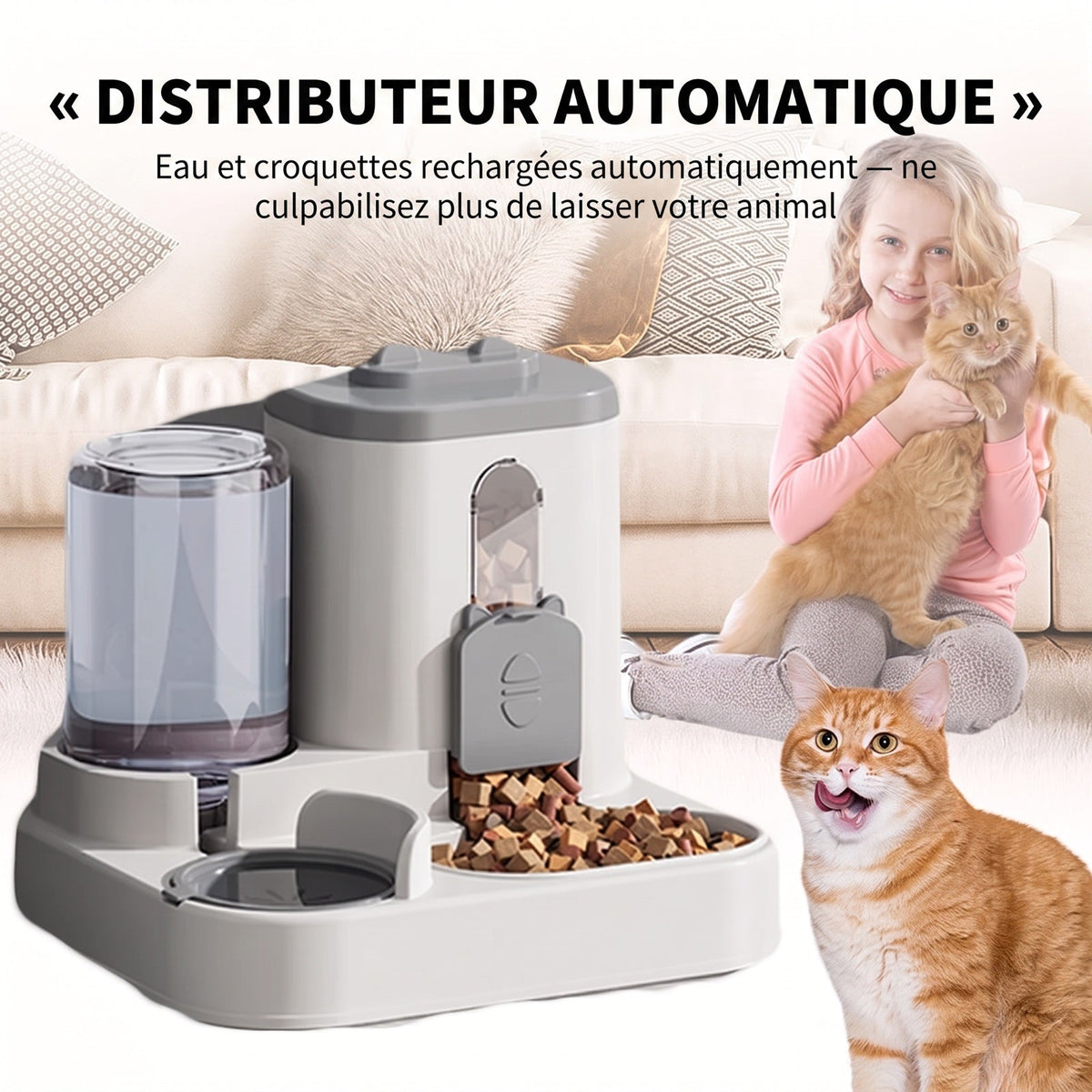 Distributeur de croquettes et d'eau 2-en-1 pour chien et chat