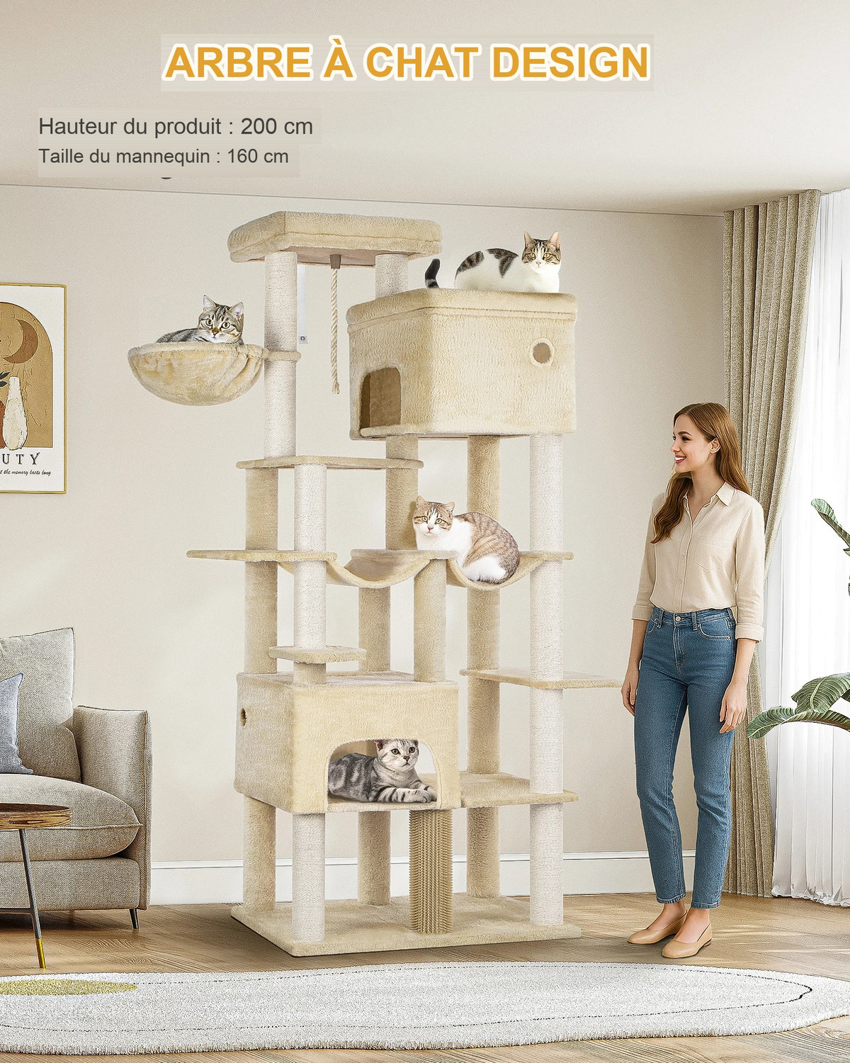 Arbre à chat 200 cm pour Maine Coon — 9 niveaux, 2 grottes, 2 hamacs