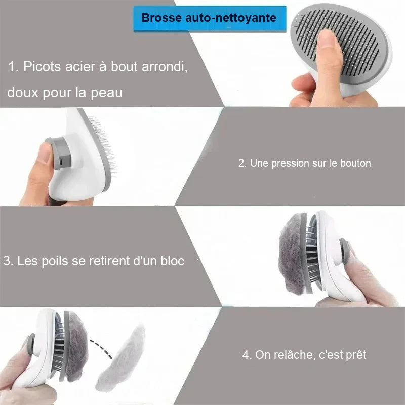 Brosse auto-nettoyante pour chien et chat – Picots rétractables, poils retirés d'un clic