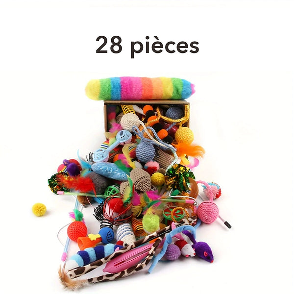 Coffret de 28 jouets pour chat renversé, souris à plumes, balles et ressorts