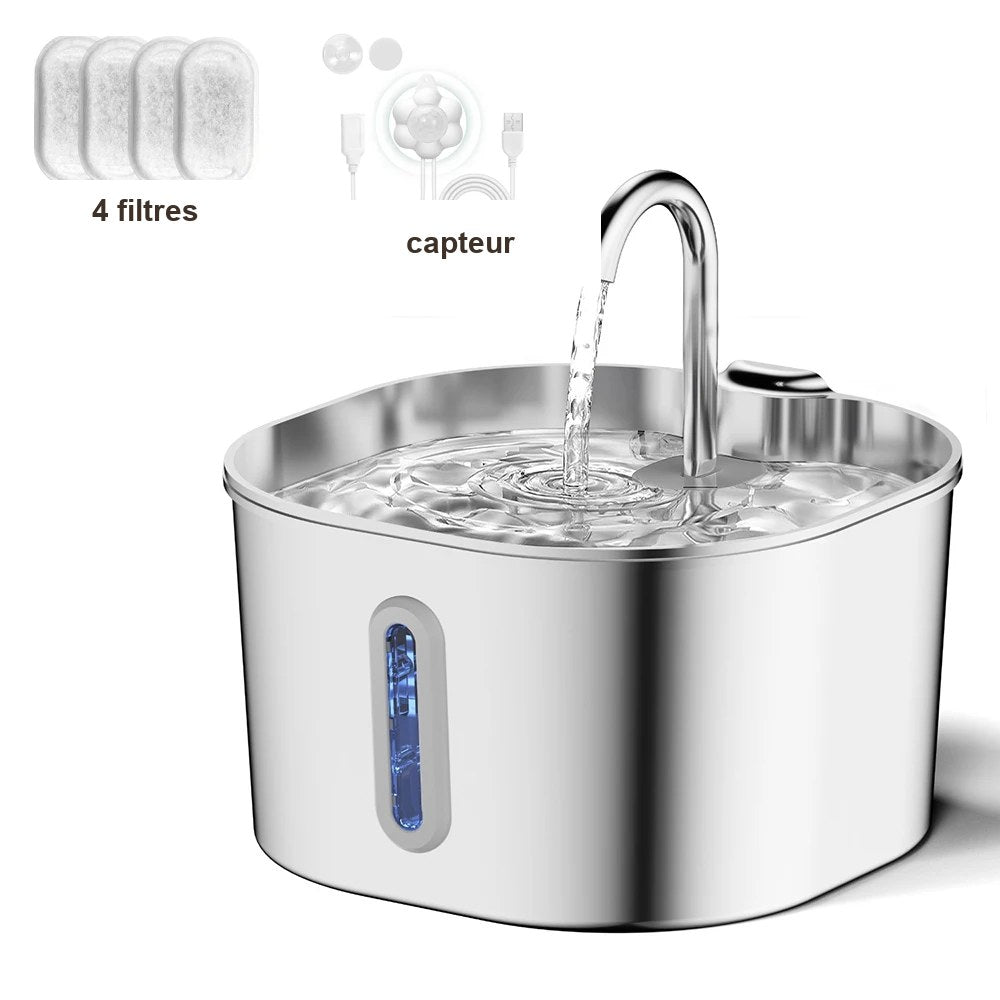 Fontaine à eau inox pour chat 2,2 L – Bec robinet, silencieuse