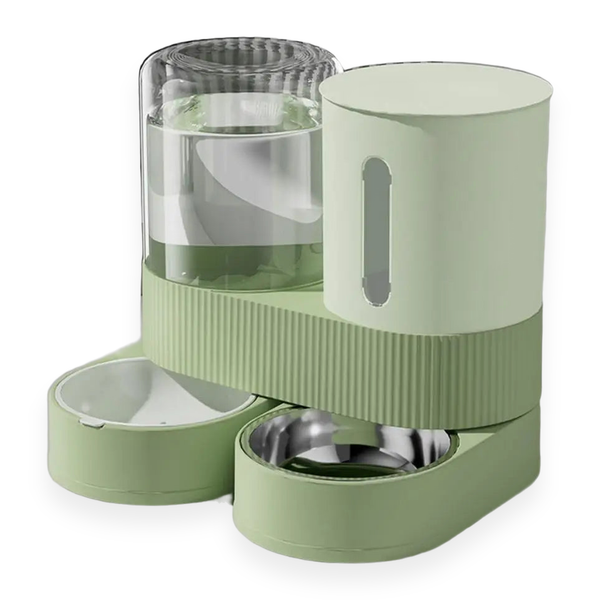 Distributeur automatique par gravité 2-en-1 coloris vert — croquettes et eau, bol acier inoxydable, Douce Patte