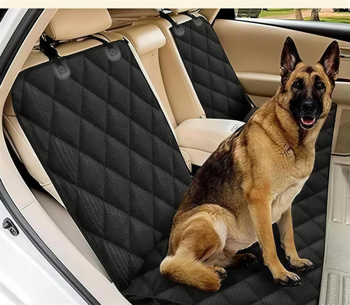Dog back seat cover – Quilted, water-repellent, with side flaps