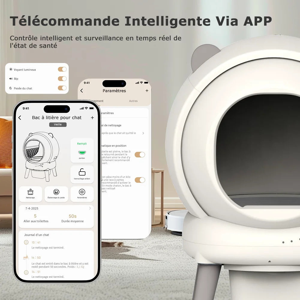 Bac à litière automatique 65 L pour chat — autonettoyant, appli et 4 capteurs de poids
