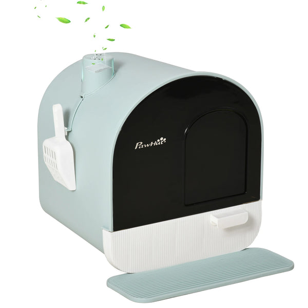 Maison de toilette fermée pour chat vert d'eau avec tiroir, pelle et tapis