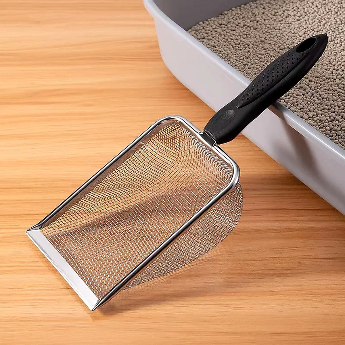 Pelle à litière en inox pour chat – Maille fine et bord chanfreiné